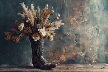 western gothic trend leather cowboy boot with pampas grass and dark color flowers - obrazy, fototapety, plakaty