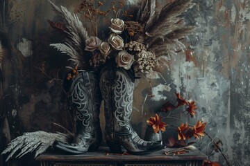 western gothic trend leather cowboy boot with pampas grass and dark color flowers