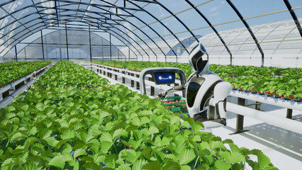 Artificial intelligence robot harvesting strawberry in the greenhouse, 3d render