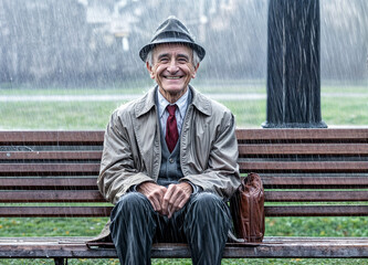Fototapeta premium Sunshine after rain makes an old man smile happily and offers hope after struggling with loneliness, loss or depression