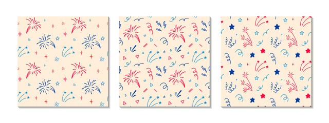 Fototapeta na wymiar Set of 4th of July USA Independence Day doodle seamless patterns. America flag blue, red and white colors. 14th of July Happy National day of France firework desig