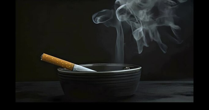 Seductive Smoke: Cigarette Resting in Ashtray on Black Background