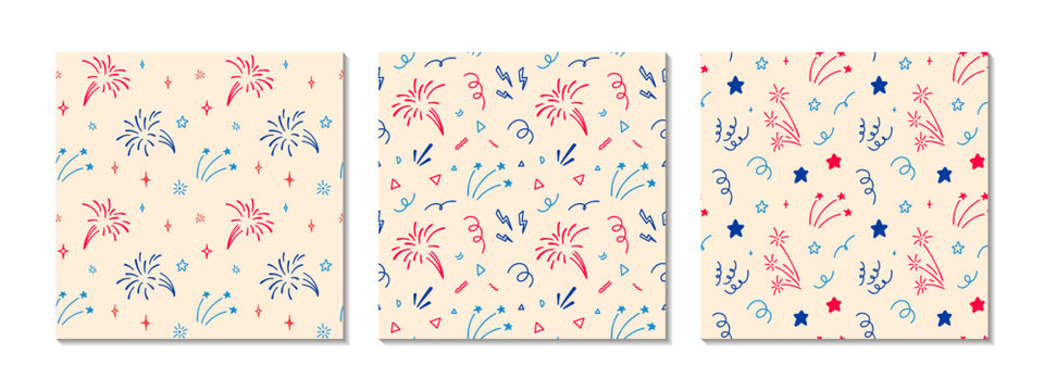 Set of 4th of July USA Independence Day doodle seamless patterns. America flag blue, red and white colors. 14th of July Happy National day of France firework desig