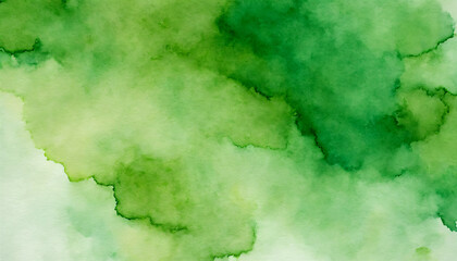 Watercolor background of green shades on white paper.