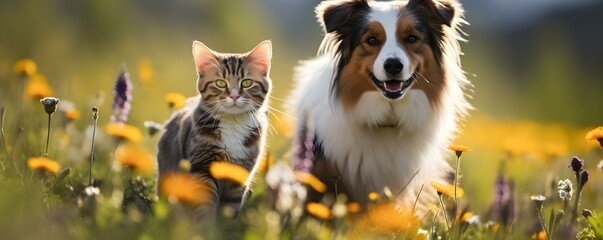 Adorable cat and happy dog stroll through a sunlit meadow in spring. Concept Pets, Nature, Spring, Meadows, Animals
