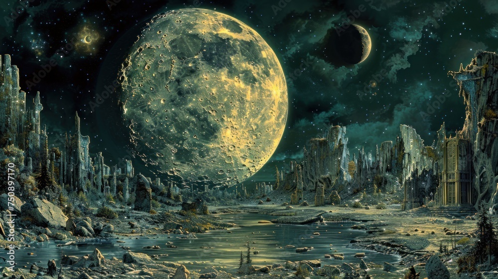 Wall mural a painting of an alien landscape with a river running through it and a giant moon in the middle of t