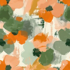 A detailed painting featuring vibrant orange and green flowers set against a clean white background, showcasing intricate brushstrokes and colors.