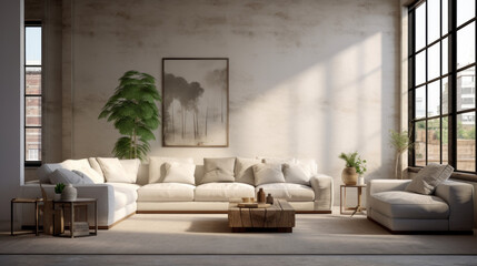 A modern living room with sustainable furniture and a hint of industrial chic - obrazy, fototapety, plakaty