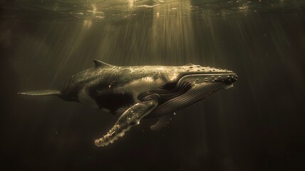 Majestic humpback whale calf swimming alongside mother in the deep blue
