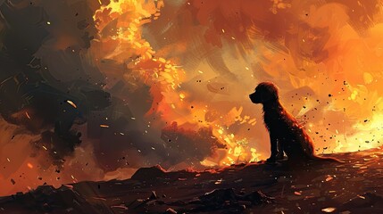 Anime Dog Watching Fire in Smoggy Background - obrazy, fototapety, plakaty