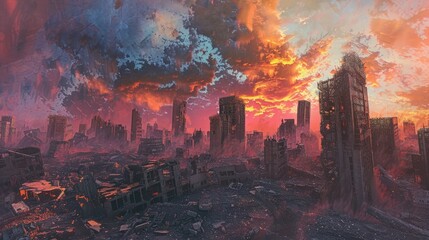 Apocalyptic City Skyline with Fire and Demolished Buildings