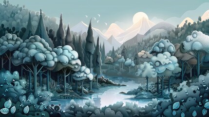 Detailed Atmospheric Cartoon of Blue Hills and Valley - obrazy, fototapety, plakaty