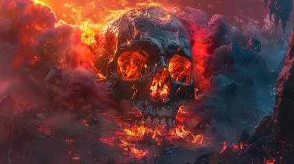 Papier Peint photo Lavable Bordeaux Flaming Skull on a Mountain in Fantasy Styles