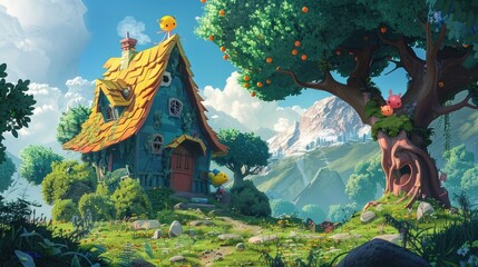 Naklejka premium Fruit-covered Cartoon Home in a Whimsical Forest