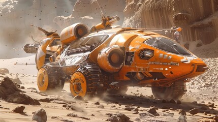 Futuristic Orange Spaceship in Hyperrealistic Desert Landscape