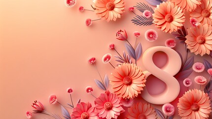 "Women's Day Banner - Illustration of Number 8 and Floral Decoration for Background in Stock Image"