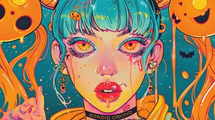 Neo-Pop Illustration of a Girl with Blue Hair and Bold Makeup