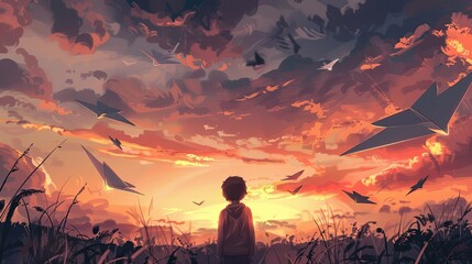 Obraz premium Paper Birds in the Sky at Sunset in Anime Art