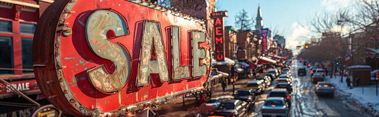 Sale sign on the background of the city street in winter.
