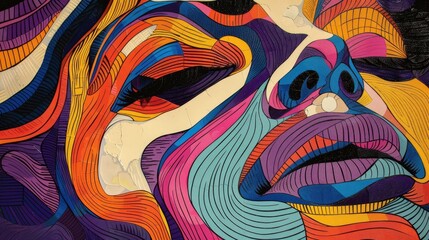 Psychedelic Portrait Colorful Womans Face in Futuristic Chromatic Waves