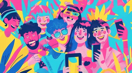 Vibrant Illustration of People Posing with Mobile Devices