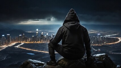 Man in black hooded hat sitting on a rock and looking the city lights from top of mountain in cold snowy weather created with generative ai
