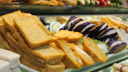 Beautiful display of delicious food in Singapore food court hawker center