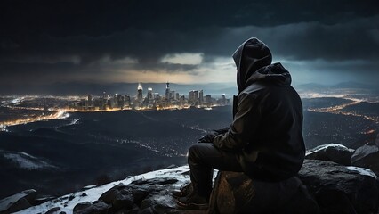 Man in black hooded hat sitting on a rock and looking the city lights from top of mountain in cold snowy weather created with generative ai - obrazy, fototapety, plakaty