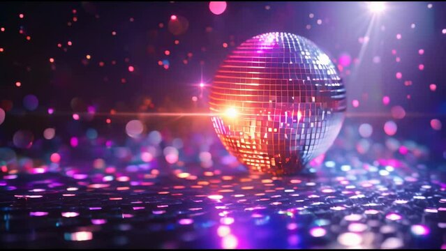 Shiny Disco Ball Reflecting Colorful Lights In Dark Room Party 