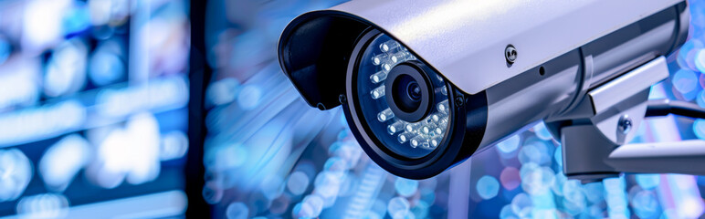 CCTV security camera on blue bokeh background.