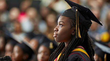 portrait of an African-American girl, a student makes a speech in the audience, a graduate's speech at the podium, graduation, a square academic bonnet, academic clothes