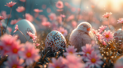 Photorealistic image of a small chick bird standing next to the eggs with pink flowers on the light sunny background 
