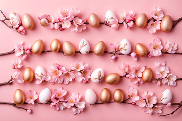 Easter holiday background, golden eggs and cherry blossom branches,Flat lay
