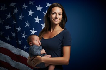 Mother holding baby, American flag background.