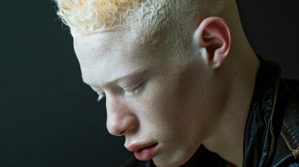 International Albinism Awareness Day, portrait of an albino guy of model appearance, genetic feature, pure snow-white skin, dark background