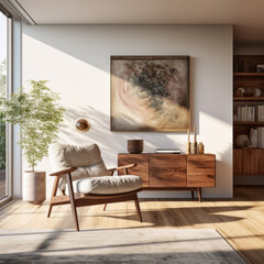A modern living room with a bright and airy atmosphere, featuring a cozy armchair and a stylish storage cabinet
