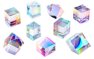 Set of 3d crystal glass cubes with refraction and hol isolated on white or transparent background - obrazy, fototapety, plakaty