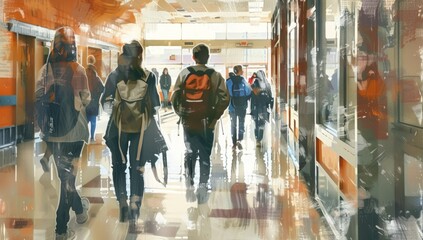 high school students with backpacks walk down a hallway Generative AI - obrazy, fototapety, plakaty