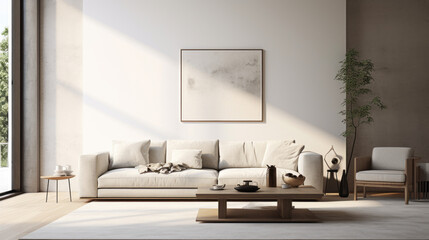 Fototapeta na wymiar A modern living room with a minimalist decor featuring white walls and a grey sofa