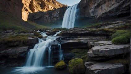 Fototapeta na wymiar A majestic waterfall cascading into a rocky canyon.