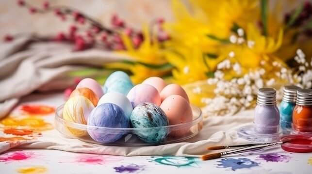 Colorful eggs on the table with flowers on the background