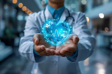 cardiologist in hospital with hologram heart in the hands, AI generated