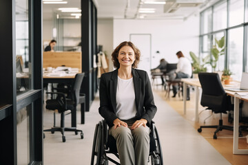 Portrait of young disabled smiling confident wheelchair businesswoman in casual office outfit looking at the camera in a modern office. Career equal opportunities. Accessibility and inclusion concept - obrazy, fototapety, plakaty