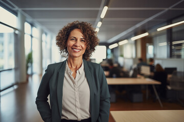 Fototapeta premium Portrait of smiling 50's stylish, confident mature businesswoman, middle aged company ceo director, experienced senior female professional, business coach team leader in modern office. Female leader
