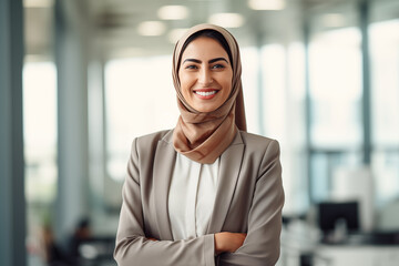 Portrait of smiling beautiful modern Muslim businesswoman in casual business suit and traditional hijab standing in the modern office. Confident Arabian lady. Equal women rights in Eastern countries.