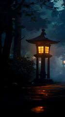 A lone lantern glowing softly in the darkness, reminiscent of quiet moments in anime where characters reflect on their journey. mobile phone wallpaper, or advertising background