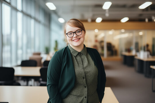 Portrait of young smiling woman with down syndrome in casual outfit looking at camera standing in a modern office or college. Educational and career equal opportunities. Genetic disease world day