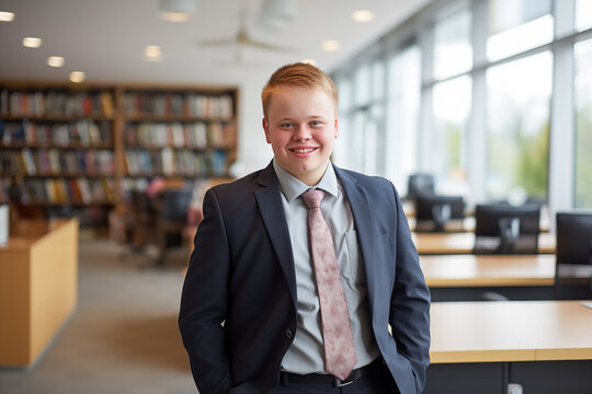 Portrait of young smiling man with down syndrome in business suit outfit looking at camera standing in a modern office or college. Educational and career equal opportunities. Genetic disease world day