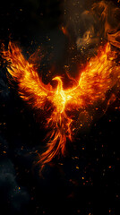 Fototapeta na wymiar A phoenix rising from ashes, symbolizing resurrection and the triumph over death. mobile phone wallpaper, or advertising background