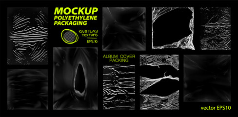 Blank plastic film or cellophane packaging for overlay, vector set with damaged, torn, crumpled, stretched effect. Empty plastic bag mockups, isolated. Polyethylene, cling film in 3D realistic overlay